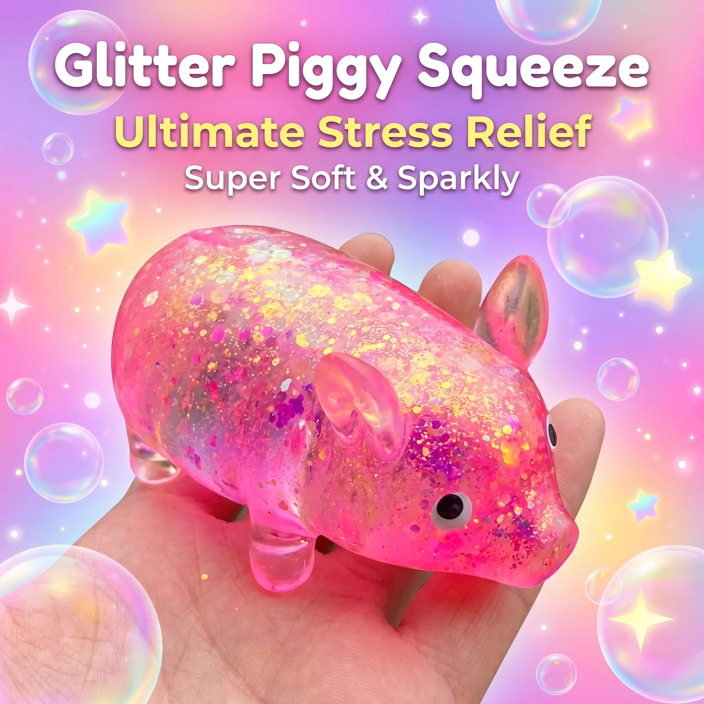 Cute Glitter Piggy Kawaii Squishy Squeeze Toy, Soft Squishies Sparkly Stress Relief Pig Toy, Slow Rebound Sensory Fidget Toy for Kids and Adults