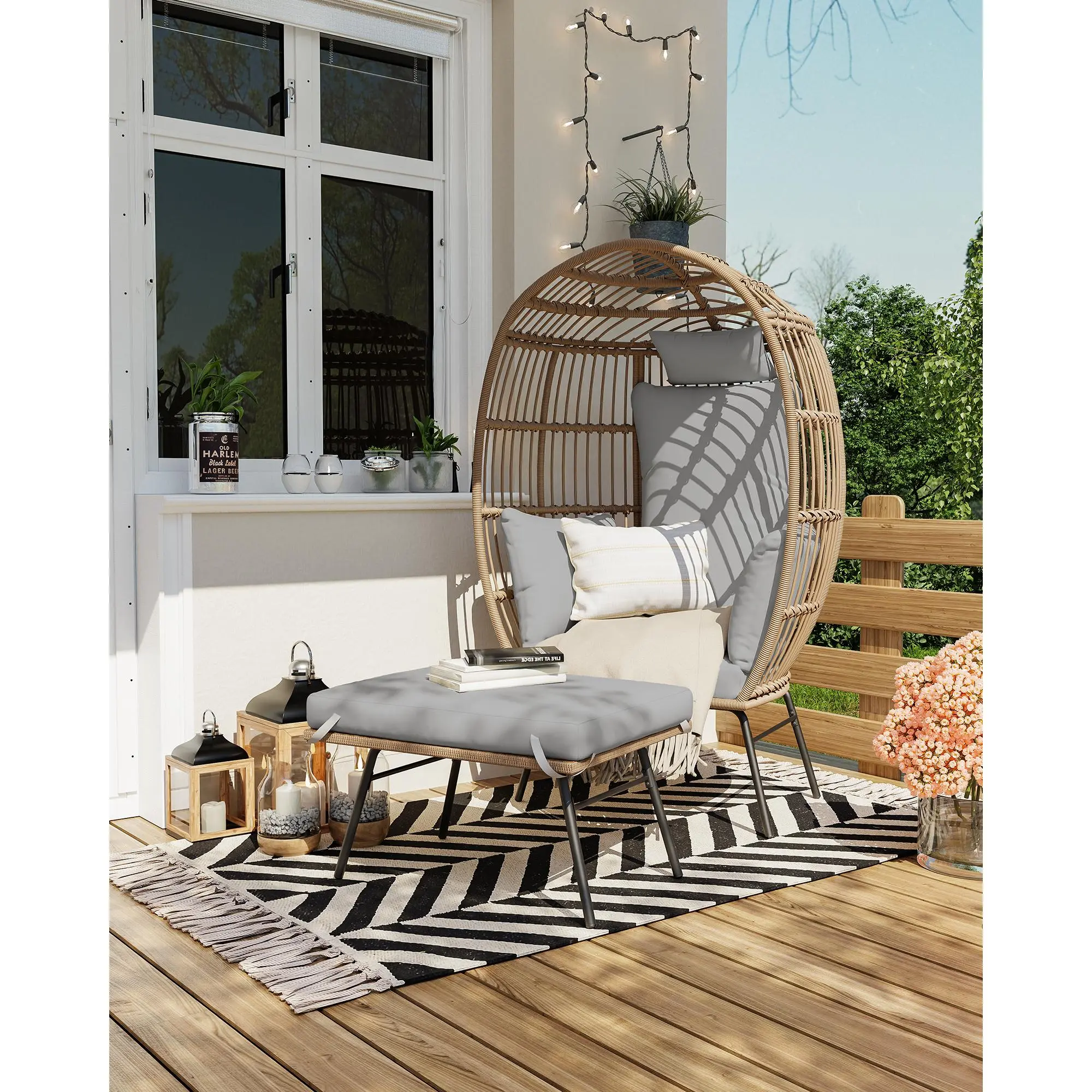 IdealHouse Extra-Large Rattan Egg Chair - Outdoor Lounge with Ottoman and Thick Cushion Durable Steel Frame Ideal for Garden, Patio beach chairs grass Foldable Corduroy Massage   Camping Adjustable Folding