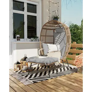 IdealHouse Extra-Large Rattan Egg Chair - Outdoor Lounge with Ottoman and Thick Cushion Durable Steel Frame Ideal for Garden, Patio beach chairs grass Foldable Corduroy Massage   Camping Adjustable Folding