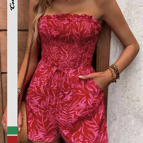Women's Floral Print Geometric Frill Trim Shirred Tube Romper Jumpsuit, Leaf Print Boho Fit Romper, Bohemian Boho Tie Front Pocket Strapless Sleeveless Romper for Summer, Fashion Casual Women's Clothes For Beach Holiday Vacation, Casual Comfy Romper