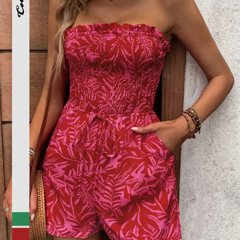 Women's Floral Print Geometric Frill Trim Shirred Tube Romper Jumpsuit, Leaf Print Boho Fit Romper, Bohemian Boho Tie Front Pocket Strapless Sleeveless Romper for Summer, Fashion Casual Women's Clothes For Beach Holiday Vacation, Casual Comfy Romper