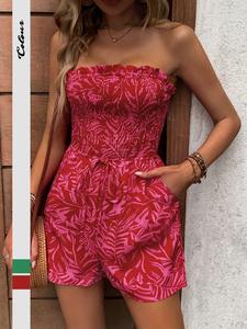 women's floral print frill trim shirred tube romper, casual soft boho fit knot detail pocket sleeveless romper, playsuits for women, chic women's summer clothes for beach holiday vacation, bohemian womenswear
