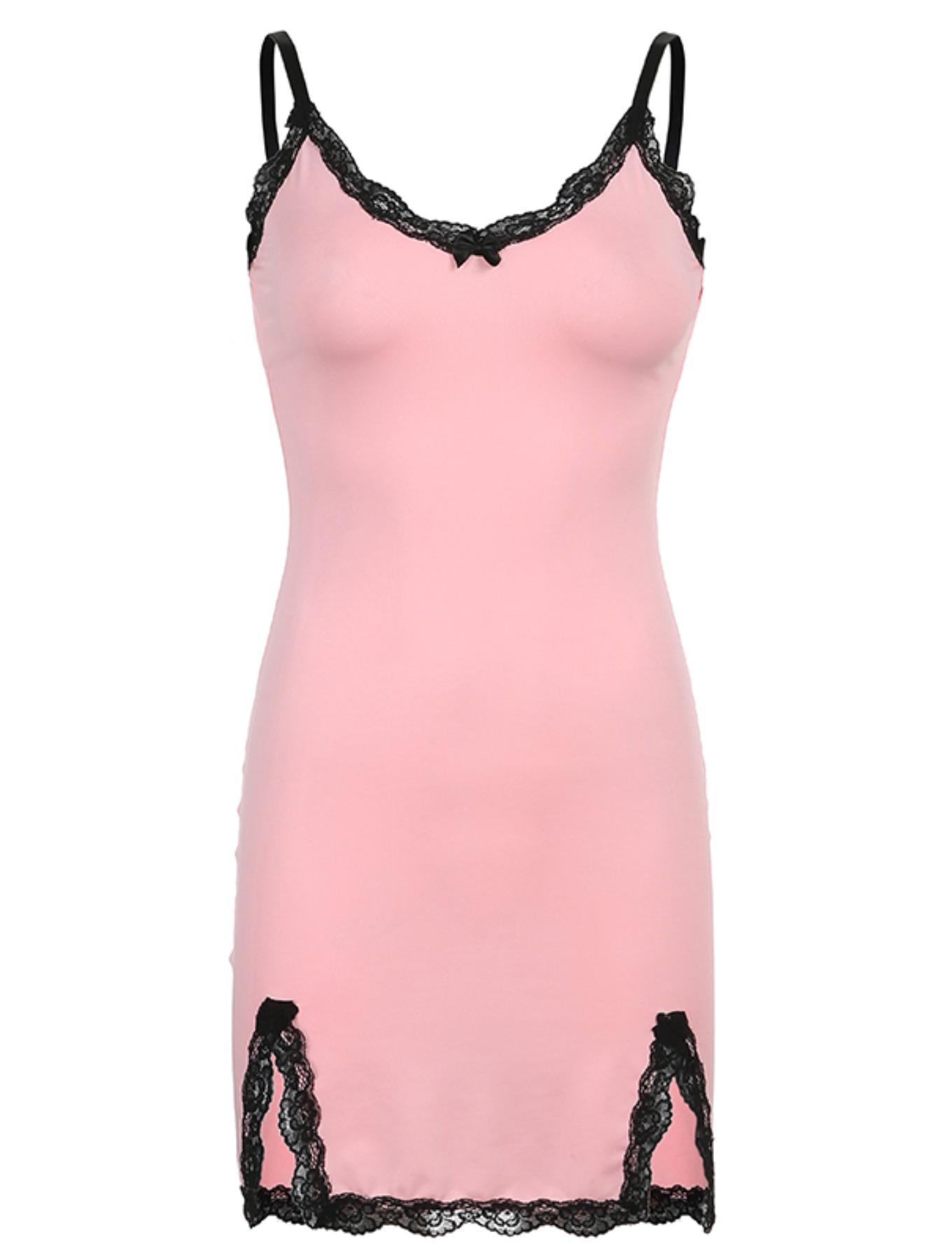 Women's Colorblock Contrast Lace Bow Decor Split Hem Cami Dress, Elegant Sleeveless Bodycon Fit Mini Dress for Party Club Dating Wear, Ladies Summer Clothes