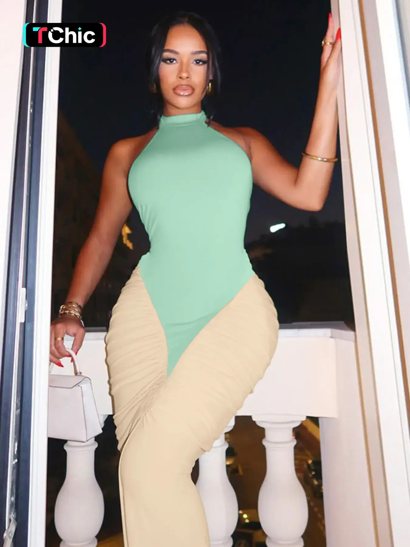 Women's Summer Sexy Party Evening Formal Wear, Halter Colorblock Backless Sleeveless Bodycon Long Dress, Womenswear