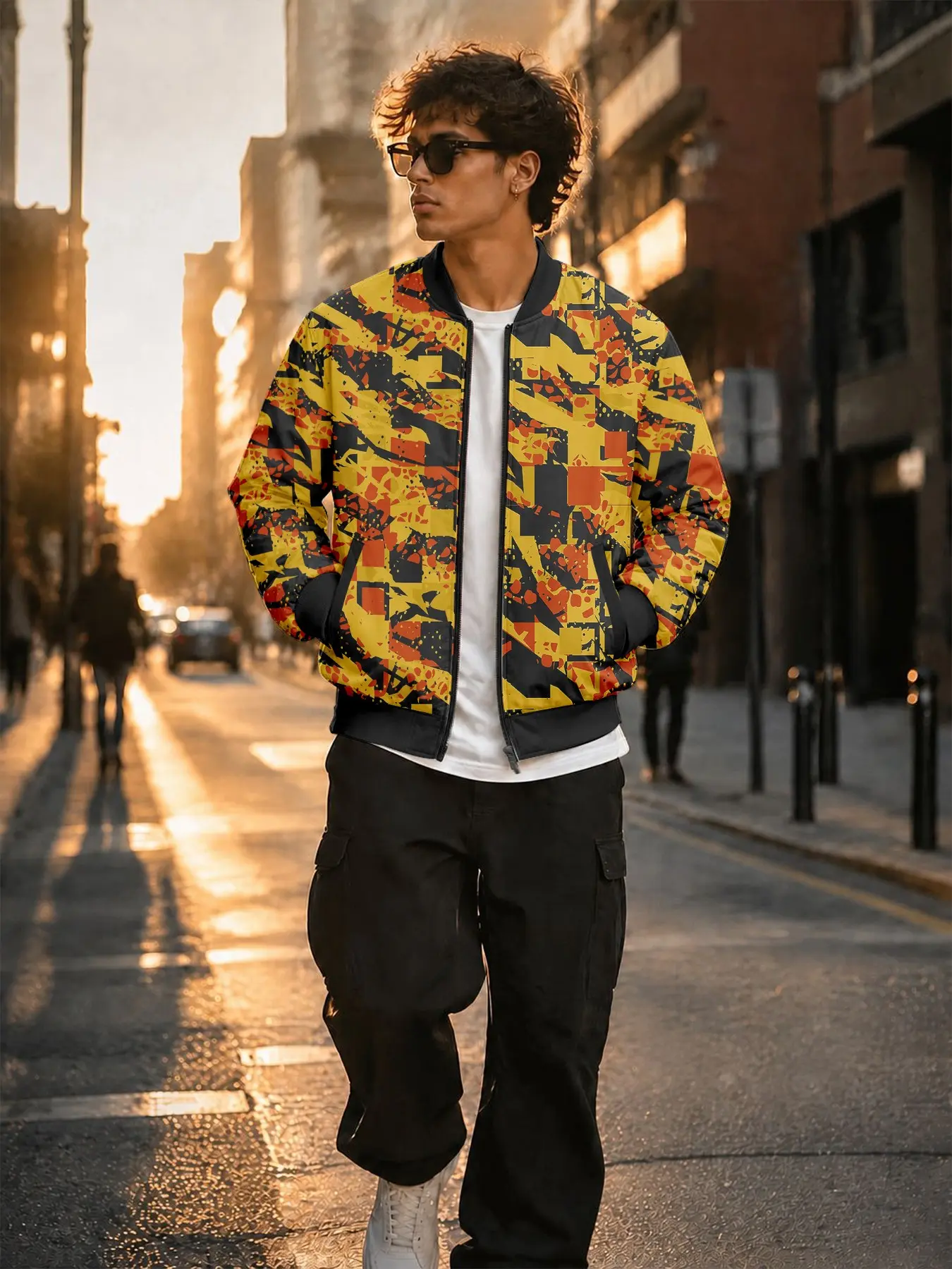 Men's Colorblock Geometric Graffiti Print Bomber Jacket, Street Style Long Sleeve Outerwear, Casual Slim-Fit Top for Men