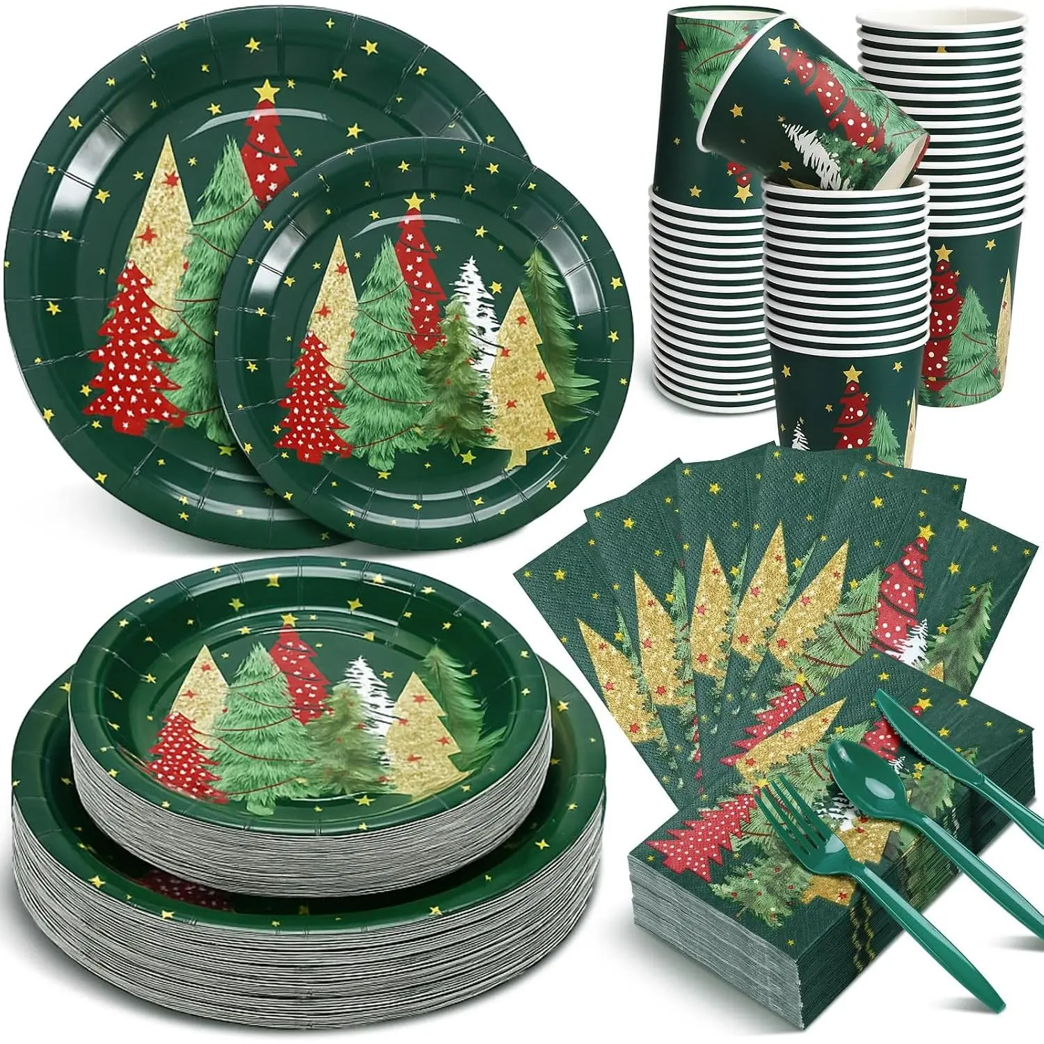 400 count Winter Dinnerware Plate Napkin Set, Green, Xmas Tree | Dinner Plates, Dessert Plates, Napkins, Cups, Forks Serve 50, Snowflake Design for Christmas Holiday Party Gatherings