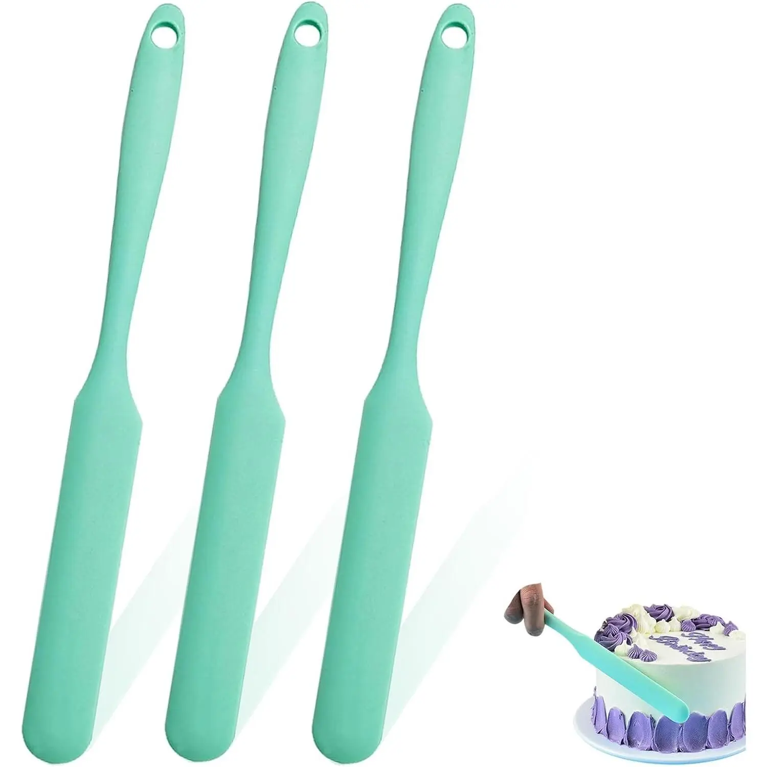 3-Piece Silicone Spatula Set with Long Skinny Spatula, Jar Scraper, Sourdough Spurtle for Jars, Bottles & Containers, Heat-Resistant Non-Stick Spatulas for Mixing, Spreading Jam, Green