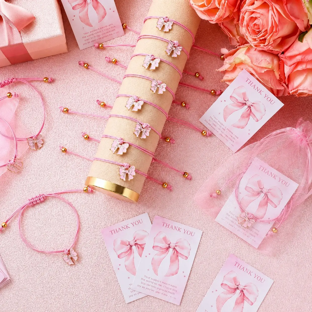 10 sets Baby Shower Party Favors for Guests, Pink Bow Bracelet Gifts with Cute Bowknot String Wristbands, Girl Baby Shower Keepsake Souvenirs, Gender Reveal Party Supplies, Bridal Shower Favors, Birthday Party Gifts for Women and Friends