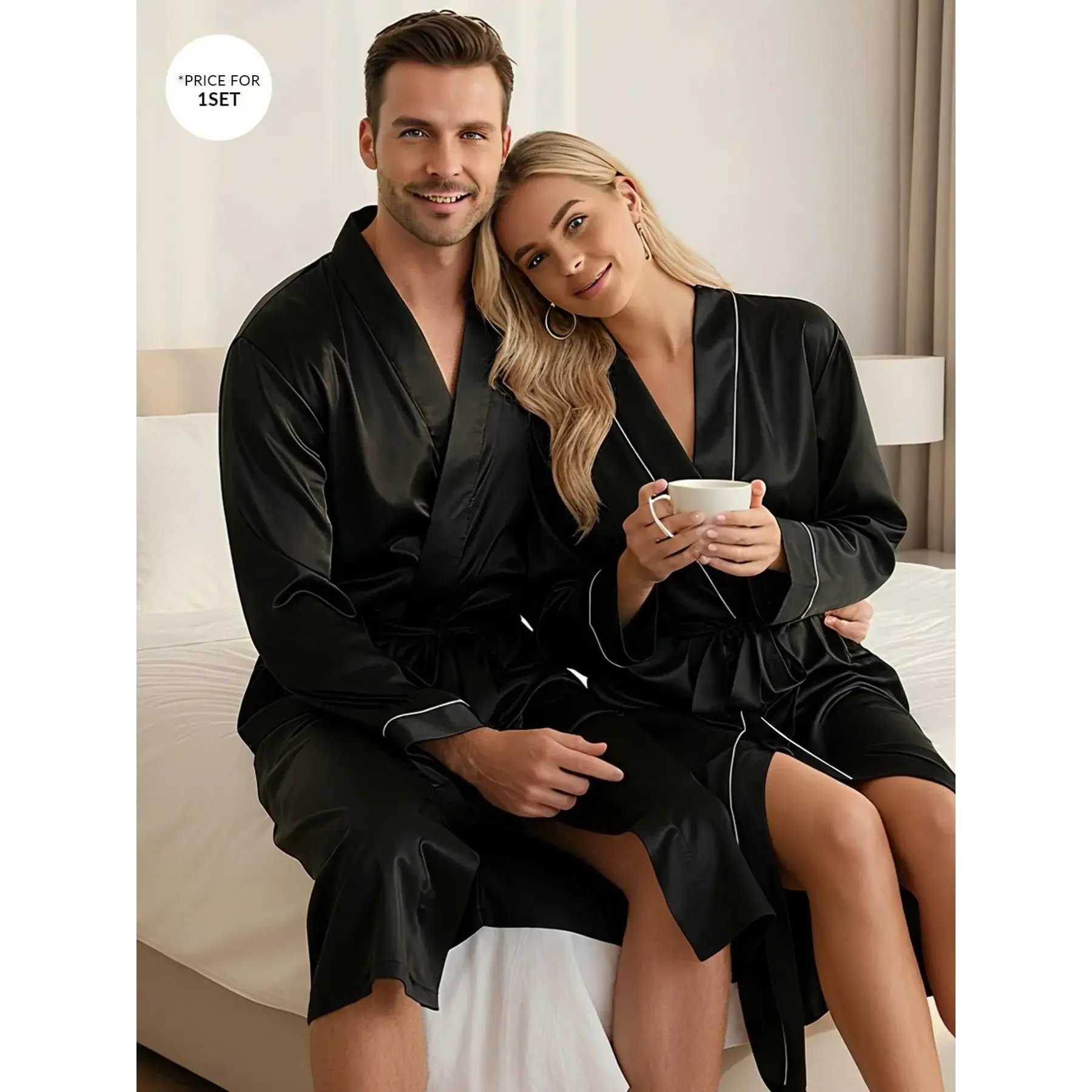Spring Autumn Couple Matching Long Sleeve Sleep Robe, Solid Color Casual Comfortable Home Wear, New Men's and Women's Robes, Suitable for Home and Hotel, Clothes
