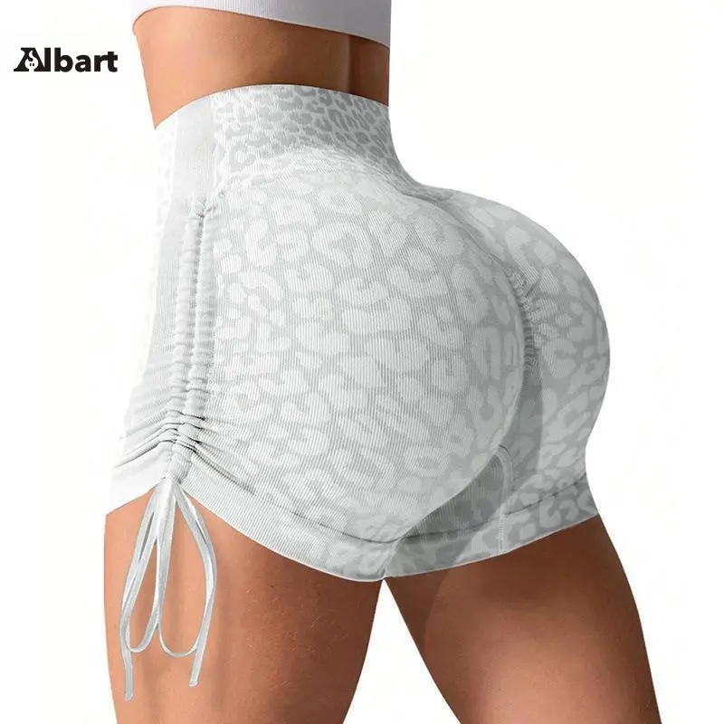 Women High Waist Side Drawstring Scrunch Butt Yoga Shorts, Multi Color Solid & Leopard Print High Rise Side Tie Booty Lifting Biker Shorts, Stretch Soft Tummy Control Athletic Shorts For Gym Workout, Yoga, Running, Daily Casual Street Outfits