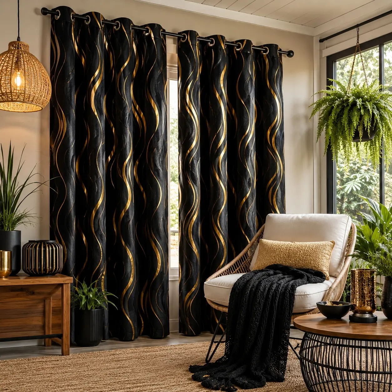 Semi-Sheer Polyester Curtains - Black-White Water Ripple Silver Foil Metallic Print, Durable, Fade Resistant, Dust-Free, Machine Washable, Non-Customised Drapes for Bedroom, Living Room Decor, Fade Resistant Curtains, Dust-Free Curtains