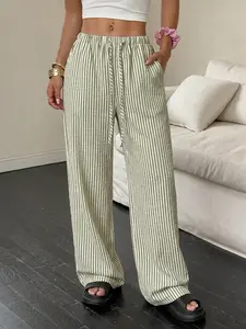 Vacation Style Vertical Stripe High Waist Drawstring Wide Leg Pants Side Pocket Full Length Loose Casual Trousers Perfect For Streetwear, Coastal Daily Look, Beach Trip And Home Loungewear Outfits