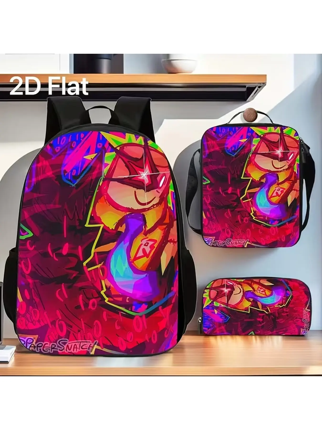Christmas & Back to School Gift, Neon Graffiti Art 3Pcs Backpack Set, Kids School Bag with Lunch Bag & Pencil Case, Cool Colorful Daypack for Boys Grils