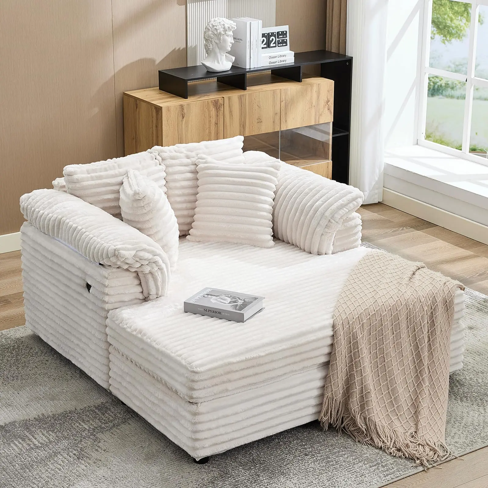 Garvee Oversized Beige Corduroy Chaise Lounge Chair with Charging Station, Wide Armrest Pads, Throw Pillows, and Cozy Sleeper Couch for Living Room and Apartments