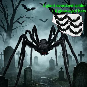 Halloween Fun Hanging Decor, Extra Large 61 Inch Spider Ornament with 6 Cute Bats Built with Glow-in-the-dark Eyes, Seasonal Hanging Decoration Made of Lightweight Polyester Material, Easy to Install, Great for Garden Path, Courtyard, Lawn, Patio and Indo