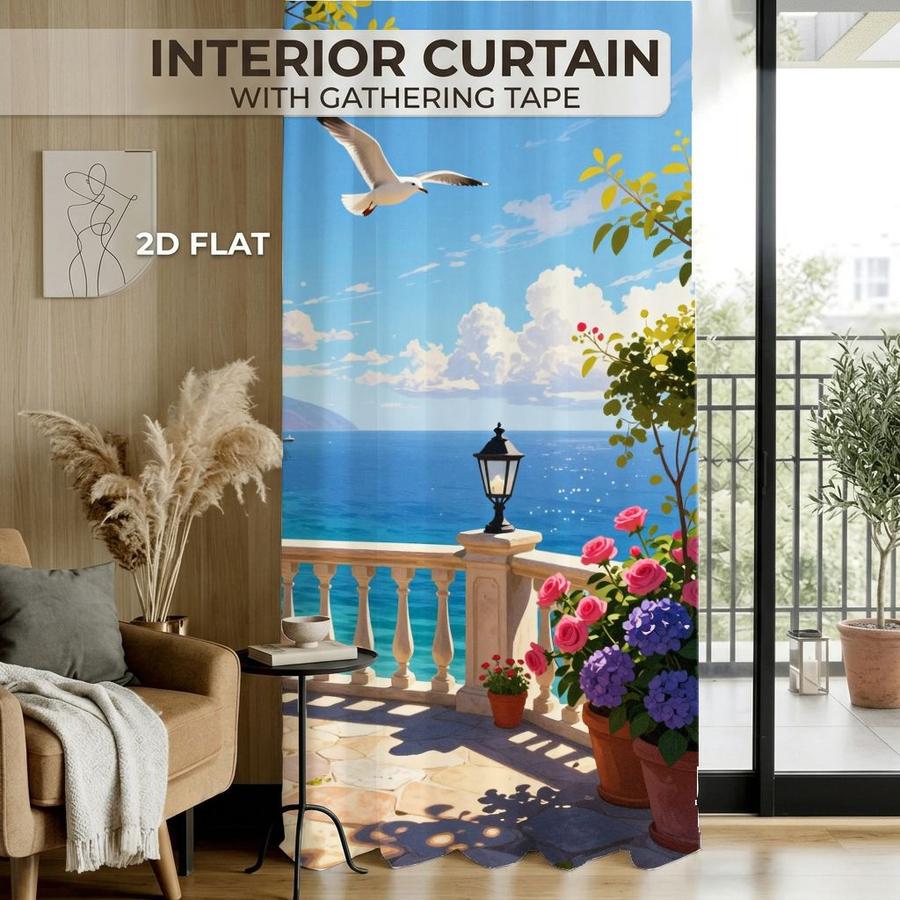 2Pcs Mediterranean Coastal Seascape Seagull Balcony Pattern Sun Blocking Curtains Digital Printed Rod Pocket, Window Treatment For Bedroom Office Kitchen Living Room Study Home Decor