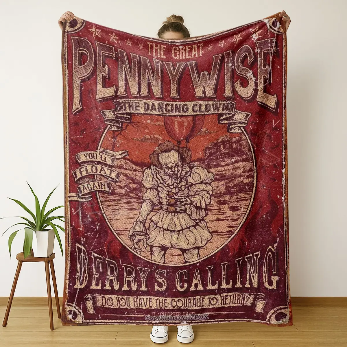 Pennywise Derry Vintage Horror Movie Flannel Throw Blanket, It Clown Soft Blanket for Couch, Cozy Halloween Decorative Cover