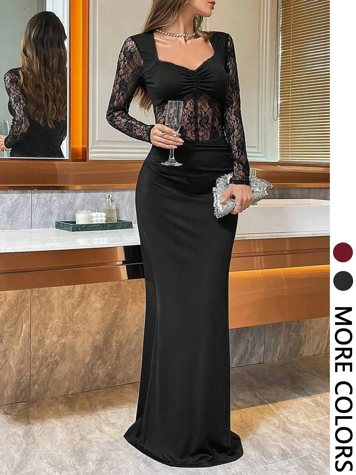 Women's Lace Long Sleeve Dress, Breathable Mesh Ruched Bust Formal Evening Party Wear Gown, Elegant Plain Surface, All Seasons