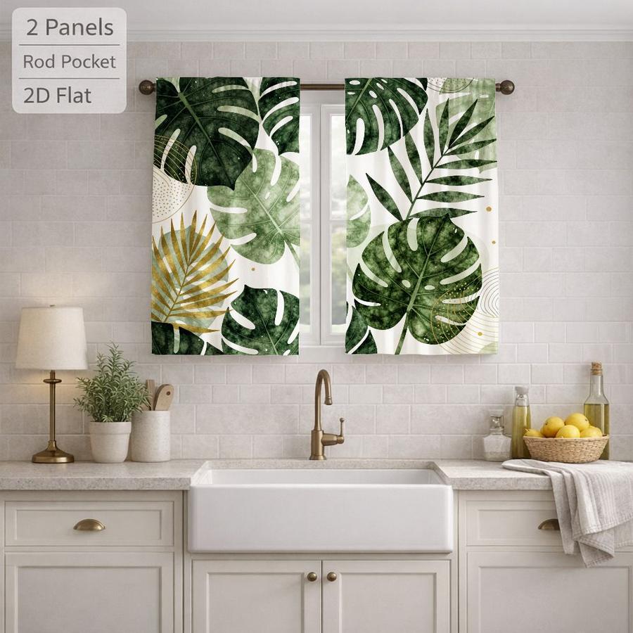 2Pcs Tropical Botanical Gold Green Leaf Sun Blocking Curtains Digital Printed Rod Pocket, Window Treatment For Bedroom Office Kitchen Living Room Study Home Decor