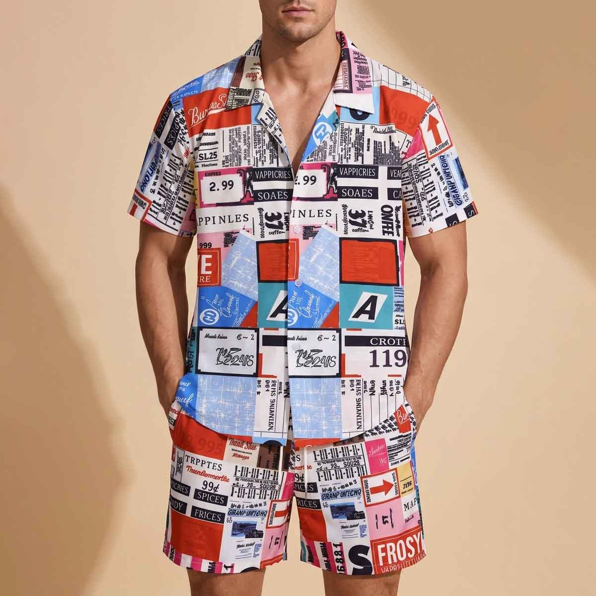 Statement Resort Mens Graphic Collage Print 2 Piece Outfit Loose Fit Drawstring Shorts Set for Vacation Wear and Street Style