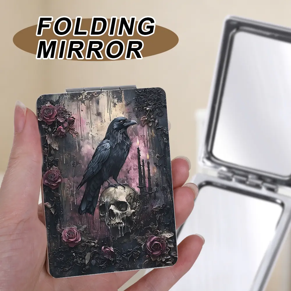 1Pc Gothic Crow Bat Black Rose Compact Mirror Dark Aesthetic 1X/2X Magnifying Folding Pocket Makeup Mirror Portable Compact Mirror for Purse Travel Daily Use Goth Gift for Women Girls Foldable Mirror Portable Mirrors