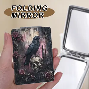 1Pc Gothic Crow Bat Black Rose Compact Mirror Dark Aesthetic 1X/2X Magnifying Folding Pocket Makeup Mirror Portable Compact Mirror for Purse Travel Daily Use Goth Gift for Women Girls