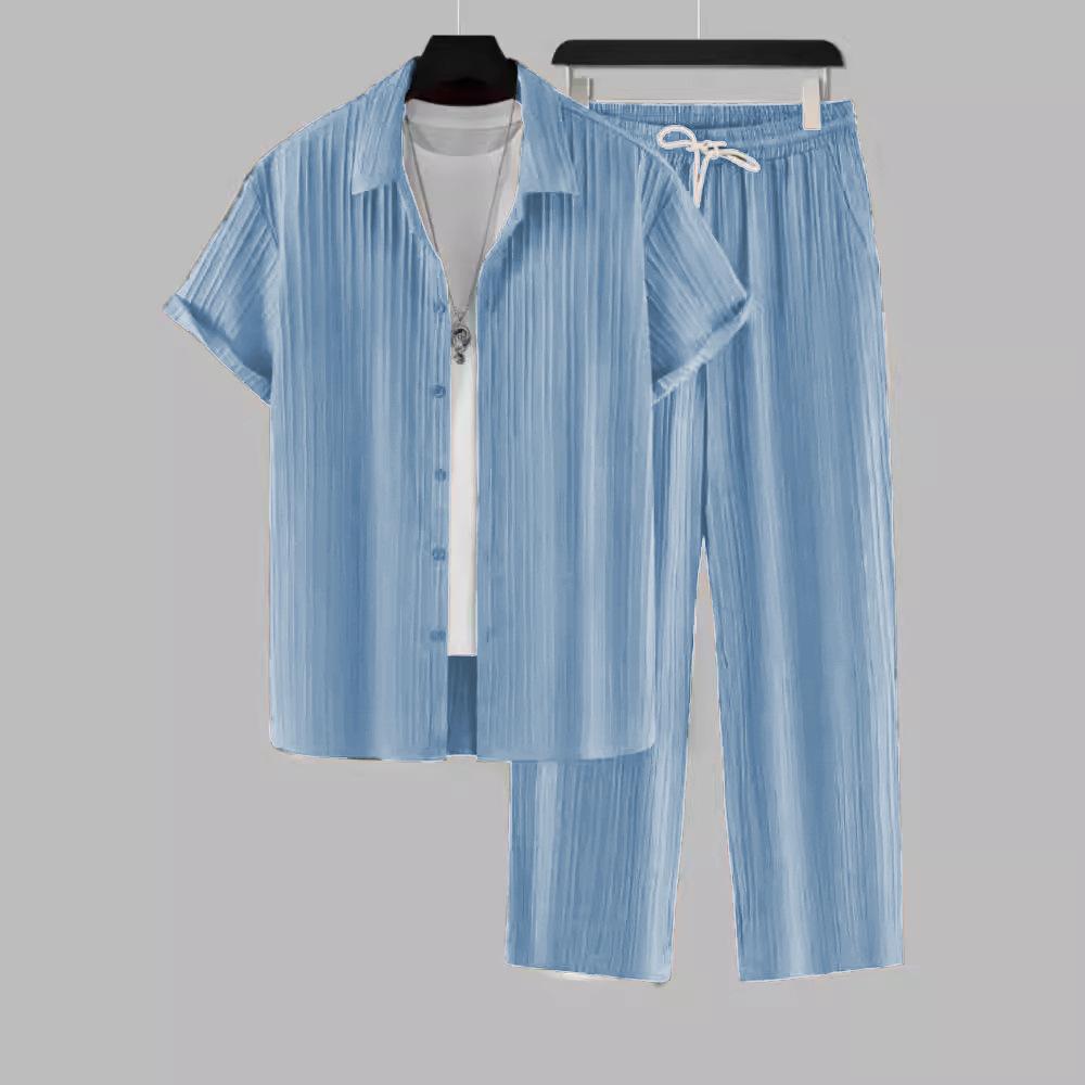 2026 Men's Striped Short-Sleeve Shirt with Button-Down Collar and Drawstring Trousers Set