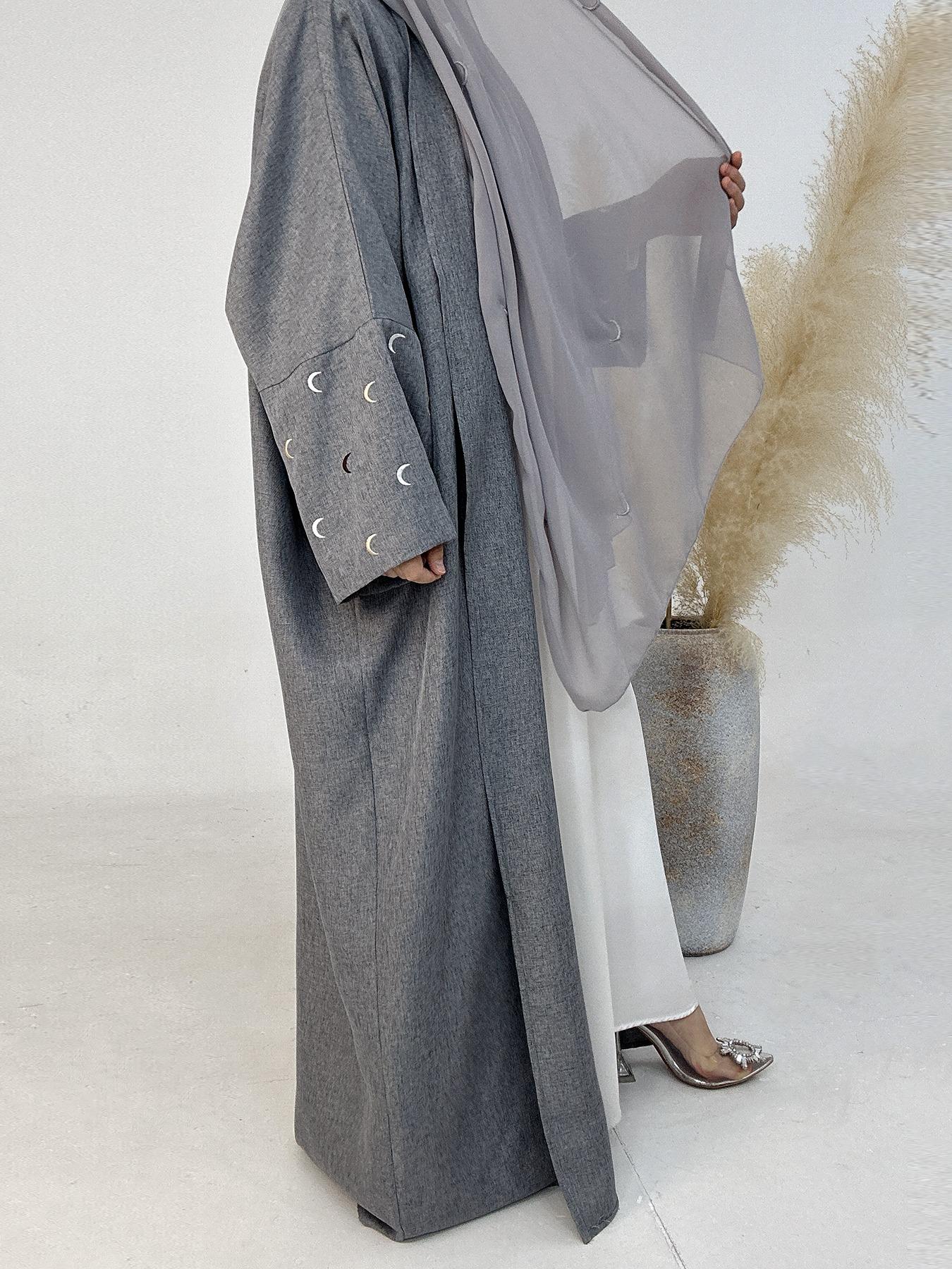 Arabic Clothing- Women's Moon Embroidery Abaya without Hijabs, Summer Outfits 2024, Modest Casual Long Sleeve Open Front Muslim Abaya, Islamic Clothing