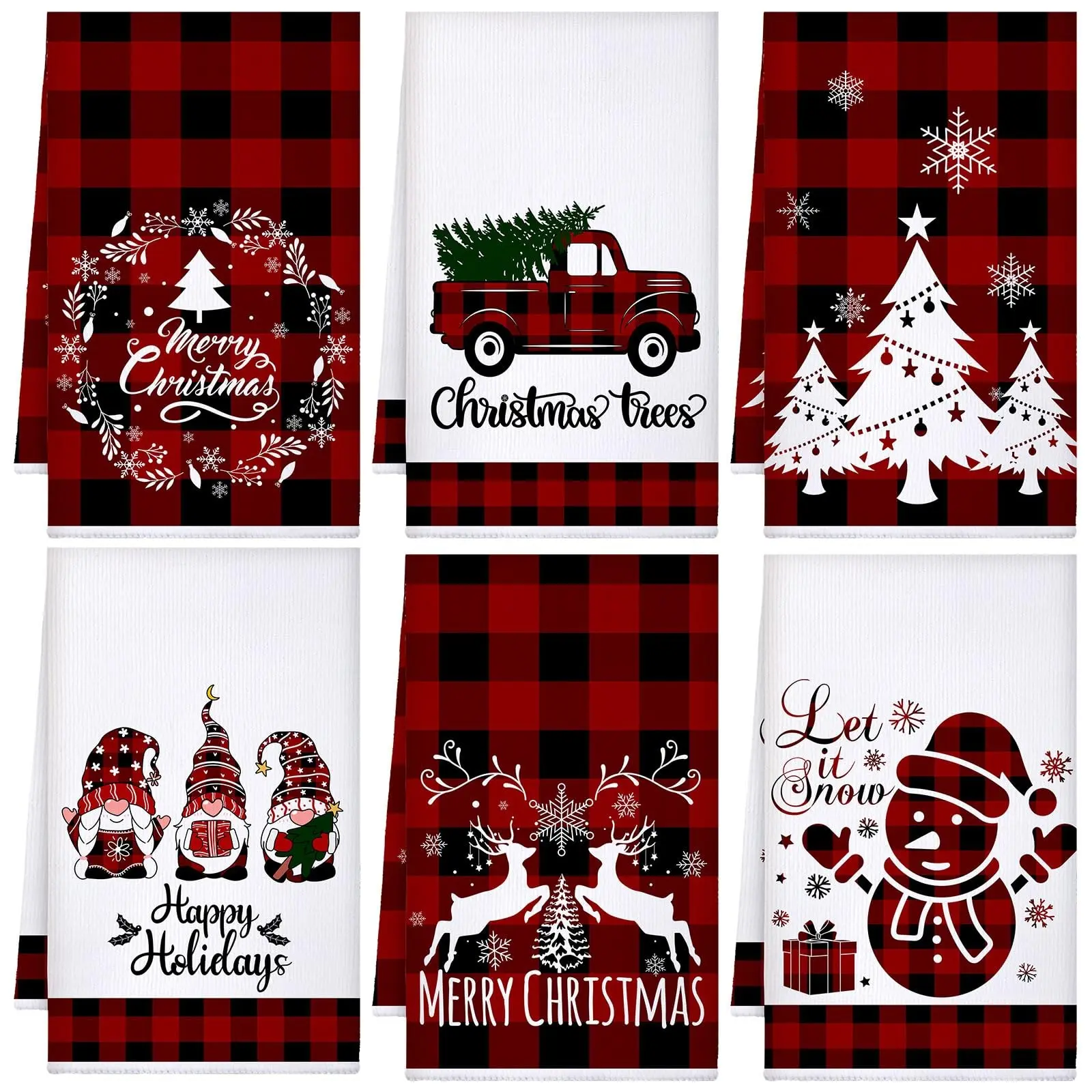 6 Piece Christmas Winter Kitchen Towels, Snowman Dwarf Truck Dishcloth, Absorbent Buffalo Plaid, Bathroom Hand Towel, Moving Gift