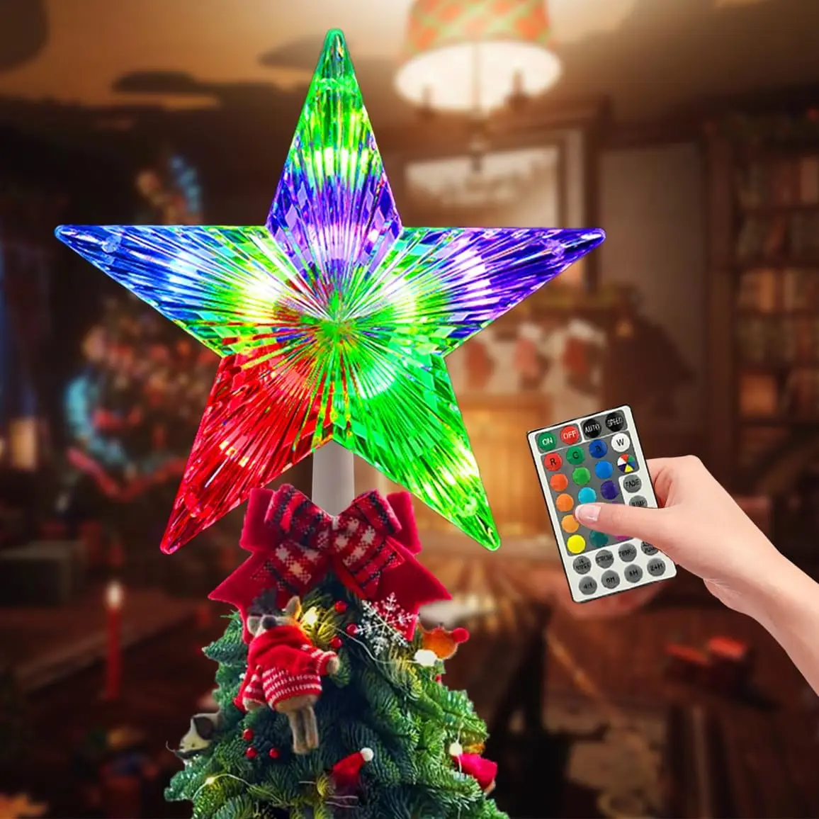 Christmas Tree Topper,  LED 24 Modes Color Changing 9.5" Christmas Tree Toppers  Lighted, Remote Controller Multicolor Christmas Decorations USB  for Xmas Holiday Party  Décor