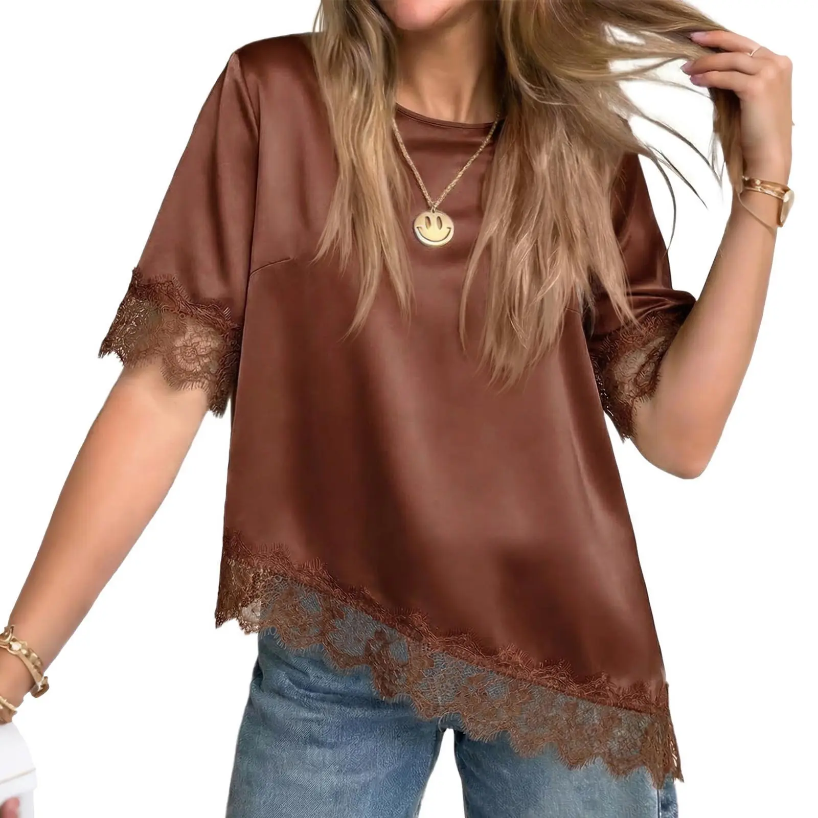 Tankaneo Womens Satin Silk Blouse Short Sleeve Loose Lace Top Summer Dressy Casual Asymmetrical Shirts Elegant  Feminine Lightweight Versatile Chic Outfits Symmetry Trendy Womenswear #SatinBlouse #SummerOOTD #TikTokShopFinds #ElegantStyle #AsymmetricalTop
