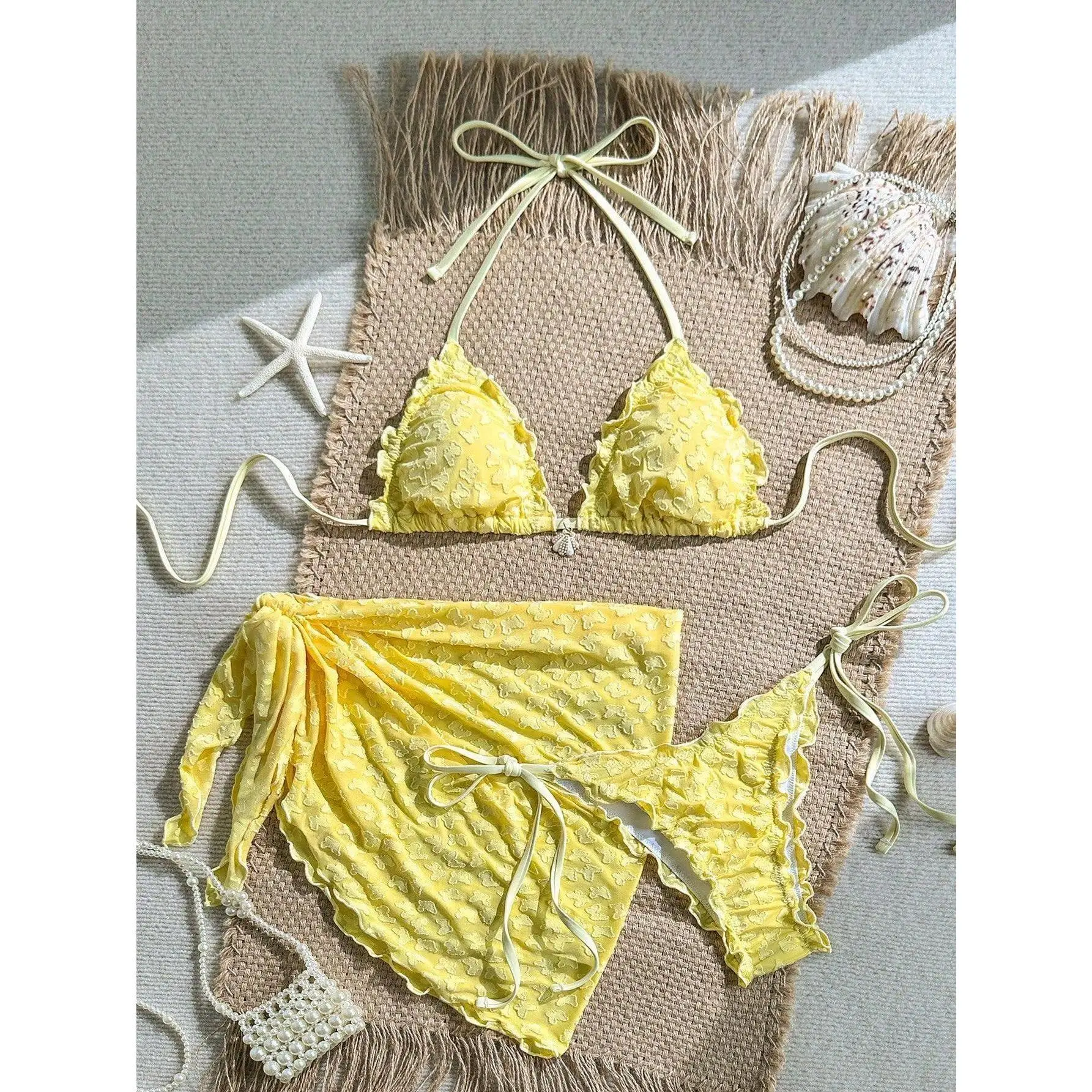 Women's Sexy 3-Piece Ruffle Bikini Set with Push Up Bra, Bandage Thong, and Yellow Coffee Mesh Cover Up Skirt, Bikini Style