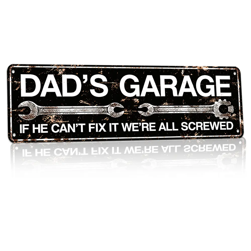 Dad's Garage, Mechanic Quote, Workshop Sign Vintage Style 16x4 Inch Flat Printed Weatherproof Rust-Proof Aluminum Metal Sign Wrench & Gear Decor Design Garage Wall Art, Perfect Father's Day Gift For Dads & DIY Enthusiasts