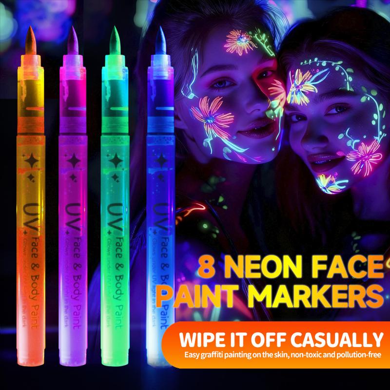Temporary Tattoo Pens,Halloween Makeup Glow in The Dark Face Paint Markers 8 Colors, With Stencils, UV Neon Body Paint Pen for Skin Glow Under Black Light, Washable