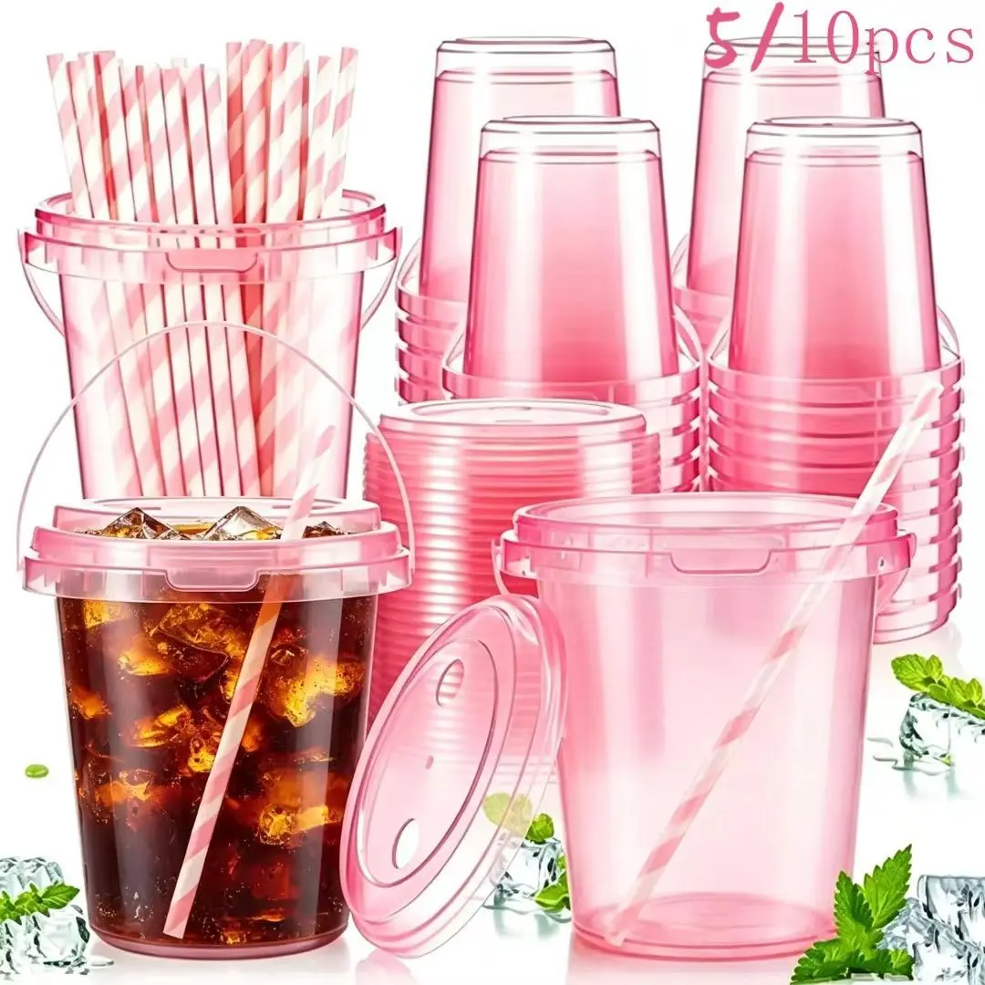 5/10 Set Plastic Beverage Fruit Buckets, Reusable Food Containers with Lids, Handles, and Straws, Ideal for Ice Cream, Milk, Cocktails, Pool Parties, Summer Use