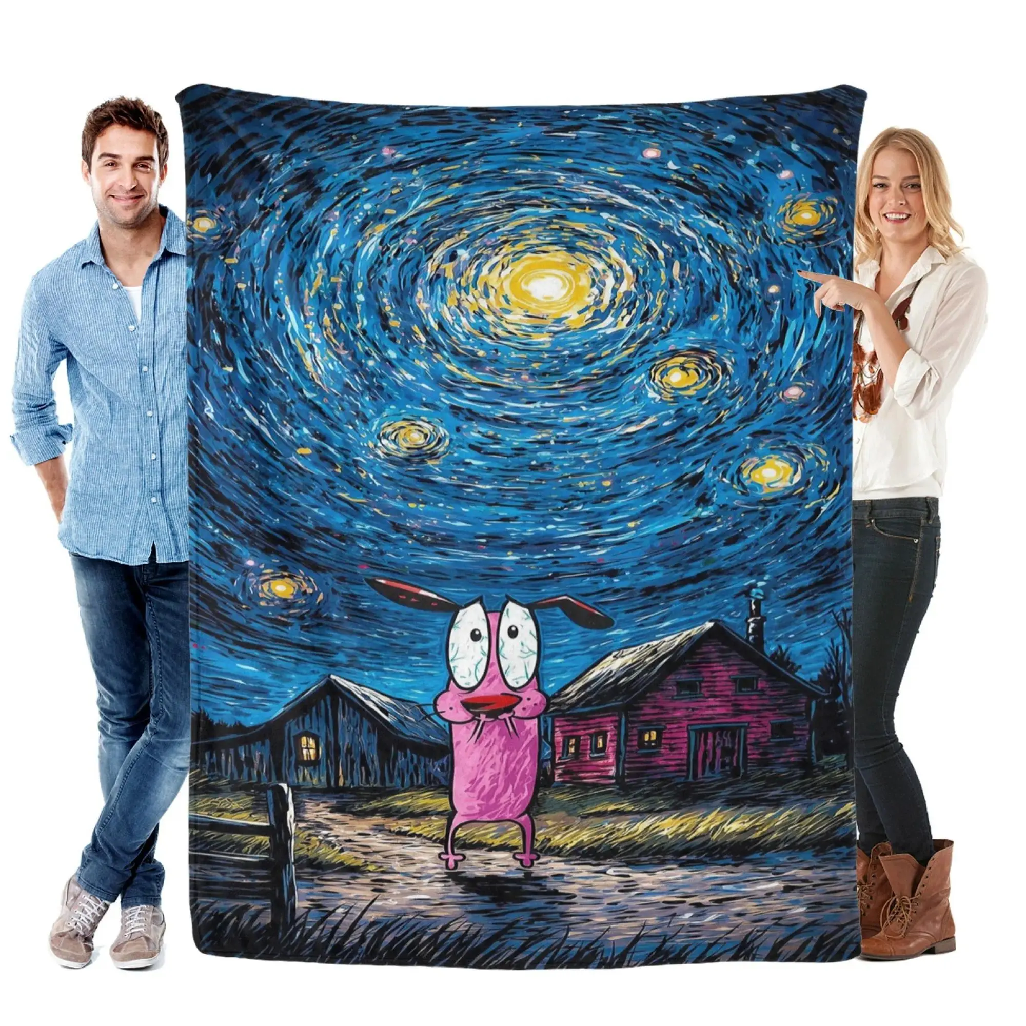 Viral Van Gogh Starry Night & Courage the Cowardly Dog Fuzzy Flannel Throw Blanket Couch Bedroom Travel Decor, Matches cooling blankets pillows couch cover for sofa bedding set comforter set, Halloween Birthday Christmas Gift for Cartoon & Art Fans