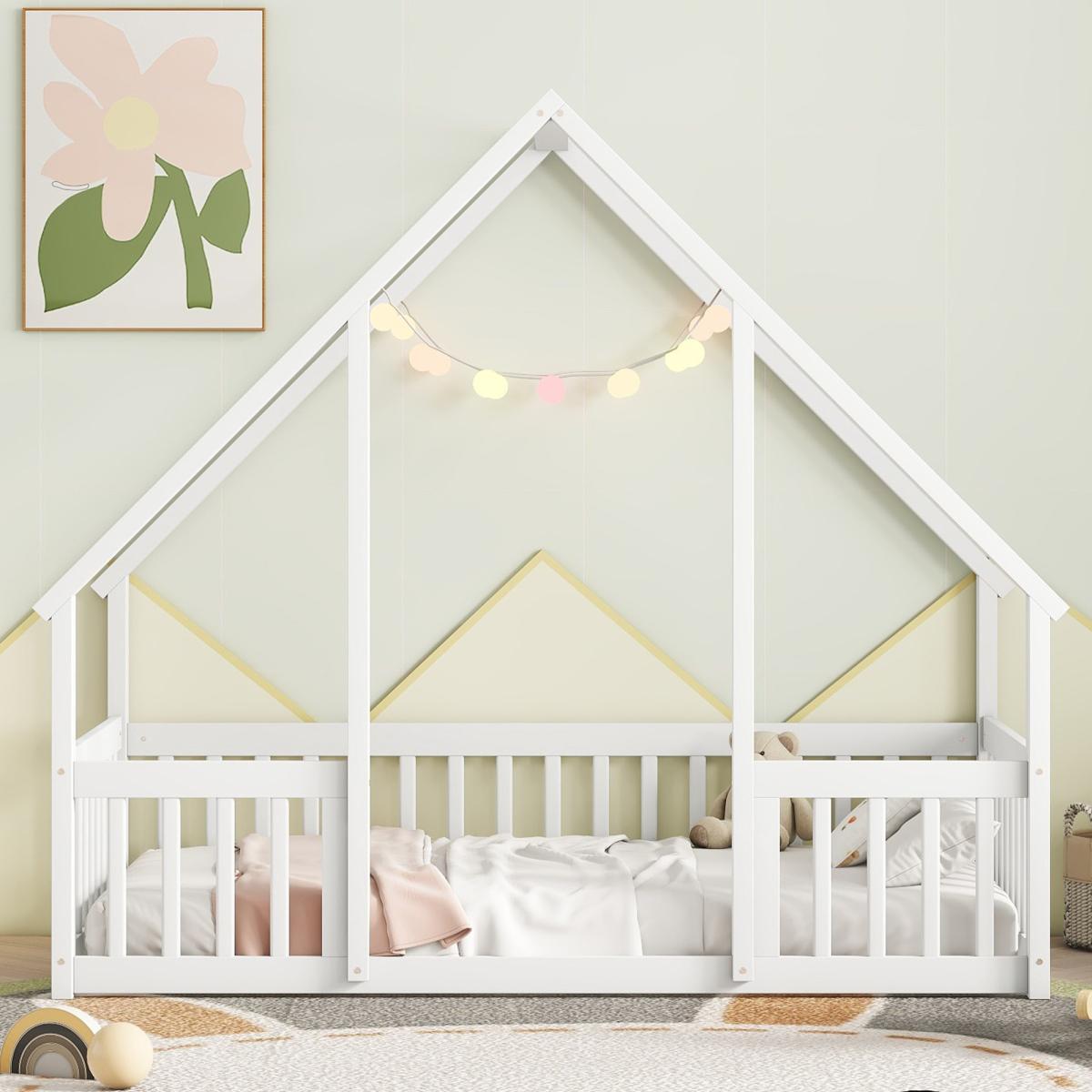 No mattress included.，Twin Wood House-Shaped Floor Bed with Fence, Guardrails ,Twin Size House Bed. Montessori Floor Bed Frame with Safety Guardrails & Playhouse Roof Easy Assembly Toddler Bed for Boys and Girls.