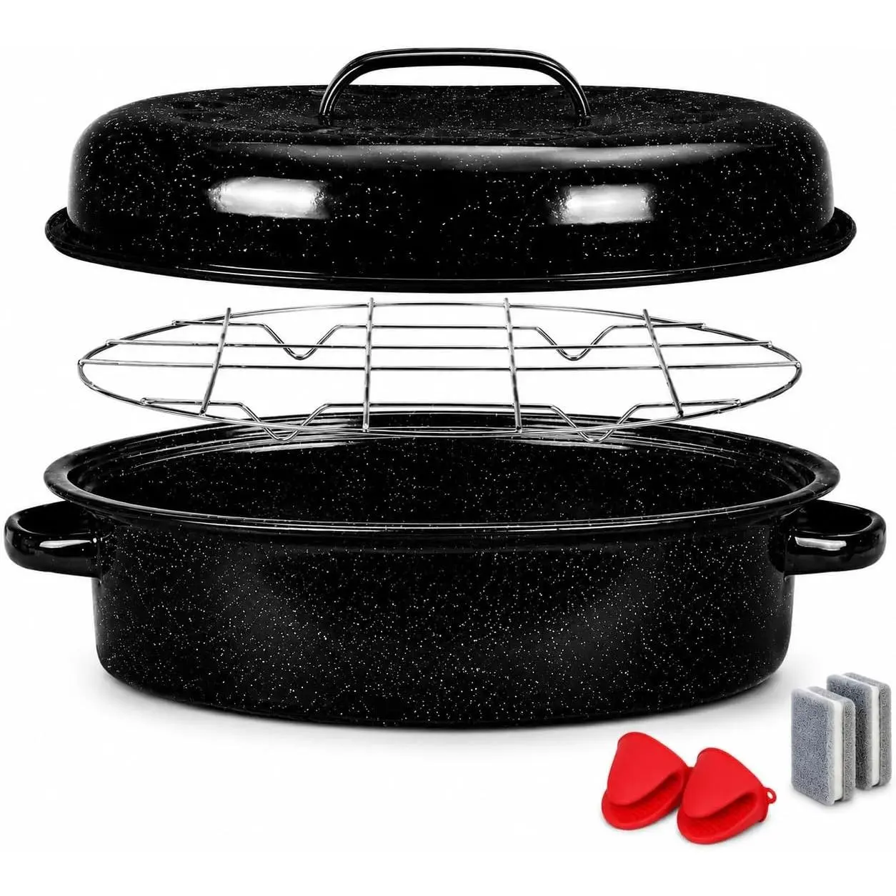 16 in Steel Kitchen Enamel Roasting Pan with Lid, Rack, Silicone Handles & Cleaning Sponges - Small Oven-Safe, Dishwasher-Safe Roaster, 932°F Heat Resistant for Chicken, Vegetables