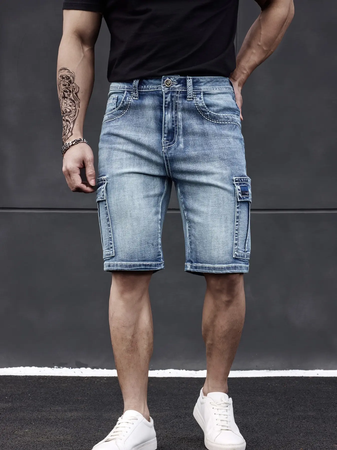 Men's Classic Embroidered Multi-Pocket Elastic Workwear Jeans Shorts, Comfortable and Stylish Denim Bottoms for Everyday Wear