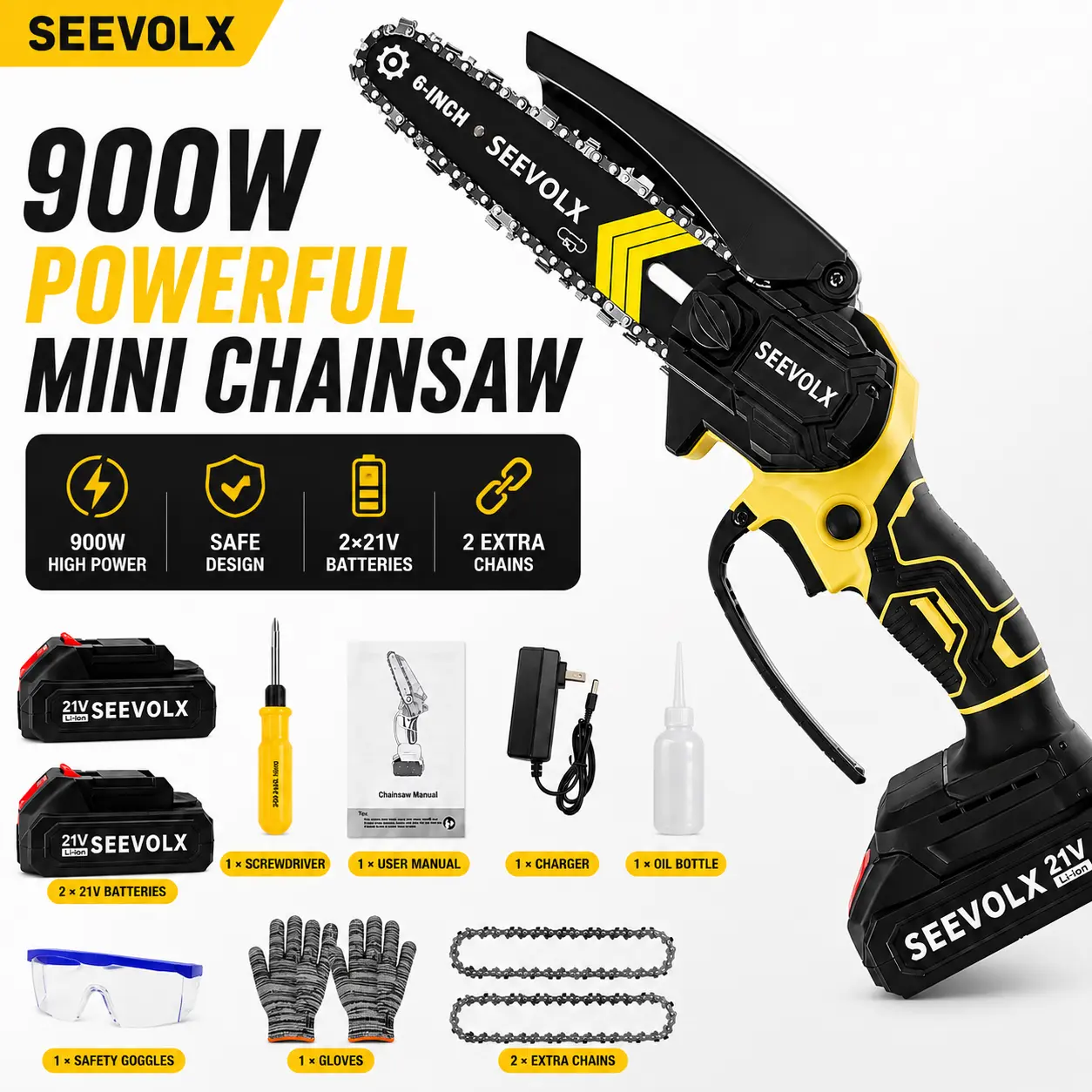 SEEVOLX 6-Inch Brushless Motor Cordless Electric Mini Chainsaw, 21V MAX Portable Handheld Saw with 2x2.0Ah Batteries & Charger - Cordless Portability Tool for Women, Tree Trimming, Wood Cutting on Parks, Farms, Chargers