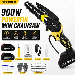 SEEVOLX  6 Inch Mini Chainsaw Cordless Electric, 21V MAX Portable Handheld Chain Saw with 2x2.0Ah Batteries & Charger for Tree Trimming, Wood Cutting, Branch Pruning, Garden Camping & Outdoor DIY Tool