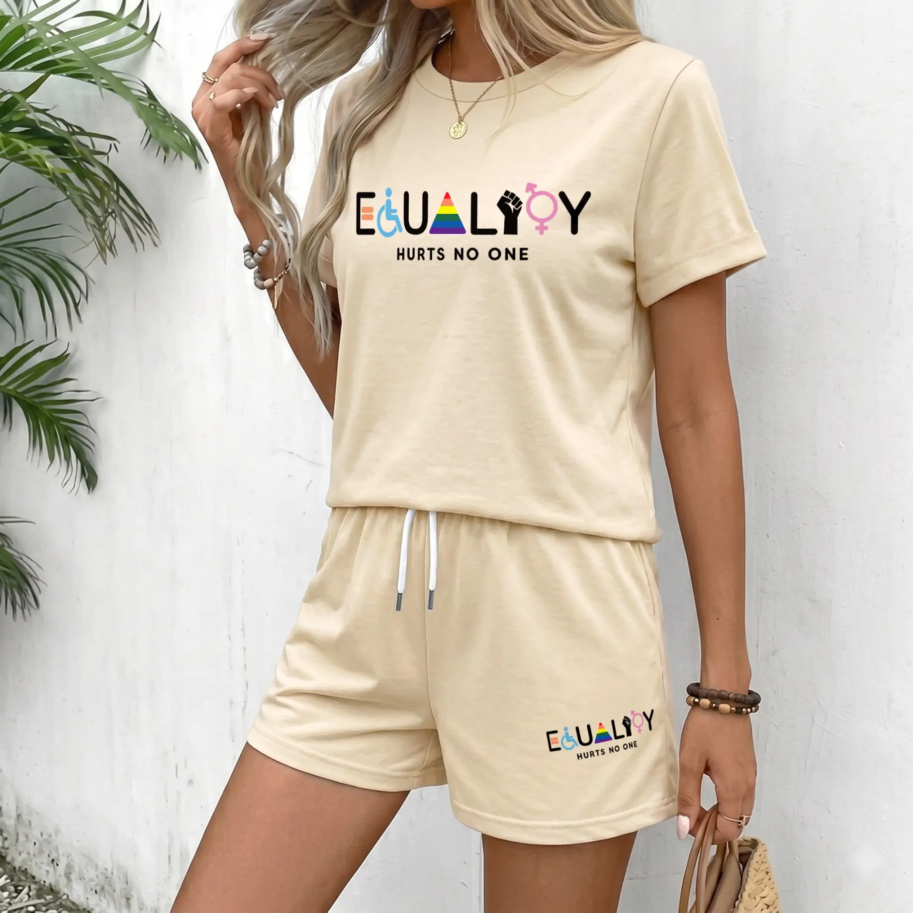 Women’s Pride Equality Graphic Tee & Drawstring Shorts Set, Short Sleeve Summer Two Piece Outfit, Soft Casual Lounge Set for Daily Wear and Vacation