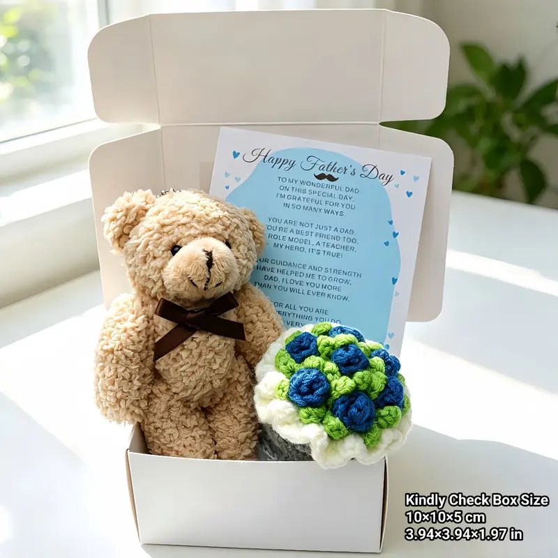 Father's Day Care Package - Teddy Bear & Handmade Crochet Flower Gift Set, Sentimental Box for Him, Dad, Papa & Husband, Gift Idea