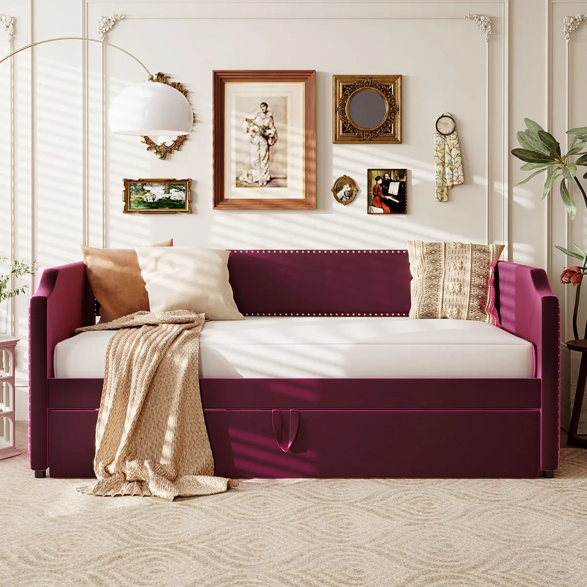 Aobtkel Twin Size Modern Velvet Day Bed with Pop-Up Trundle - Wine Red Dual-Mode Hybrid Couch, Space-Saving Compact Design Furniture for Siblings, Sleepovers, Small House Design Indoor Use