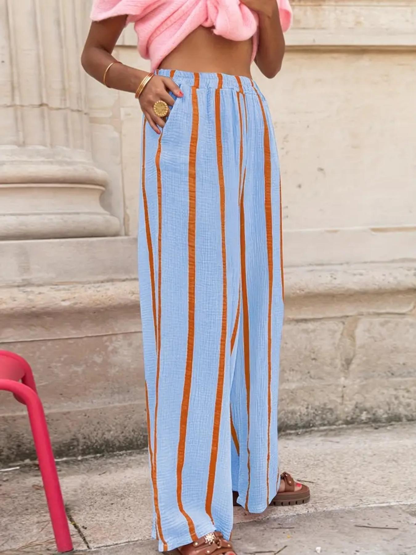 Women's Striped Print Wide Leg Pants, Casual Comfy Trousers for Daily Wear, Ladies Bottoms for All Seasons