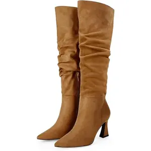 Coutgo Women's Slouchy Knee High Boots Wide Calf Pointed Toe Side Zipper Chunky Heel Long Boots Winter Shoes