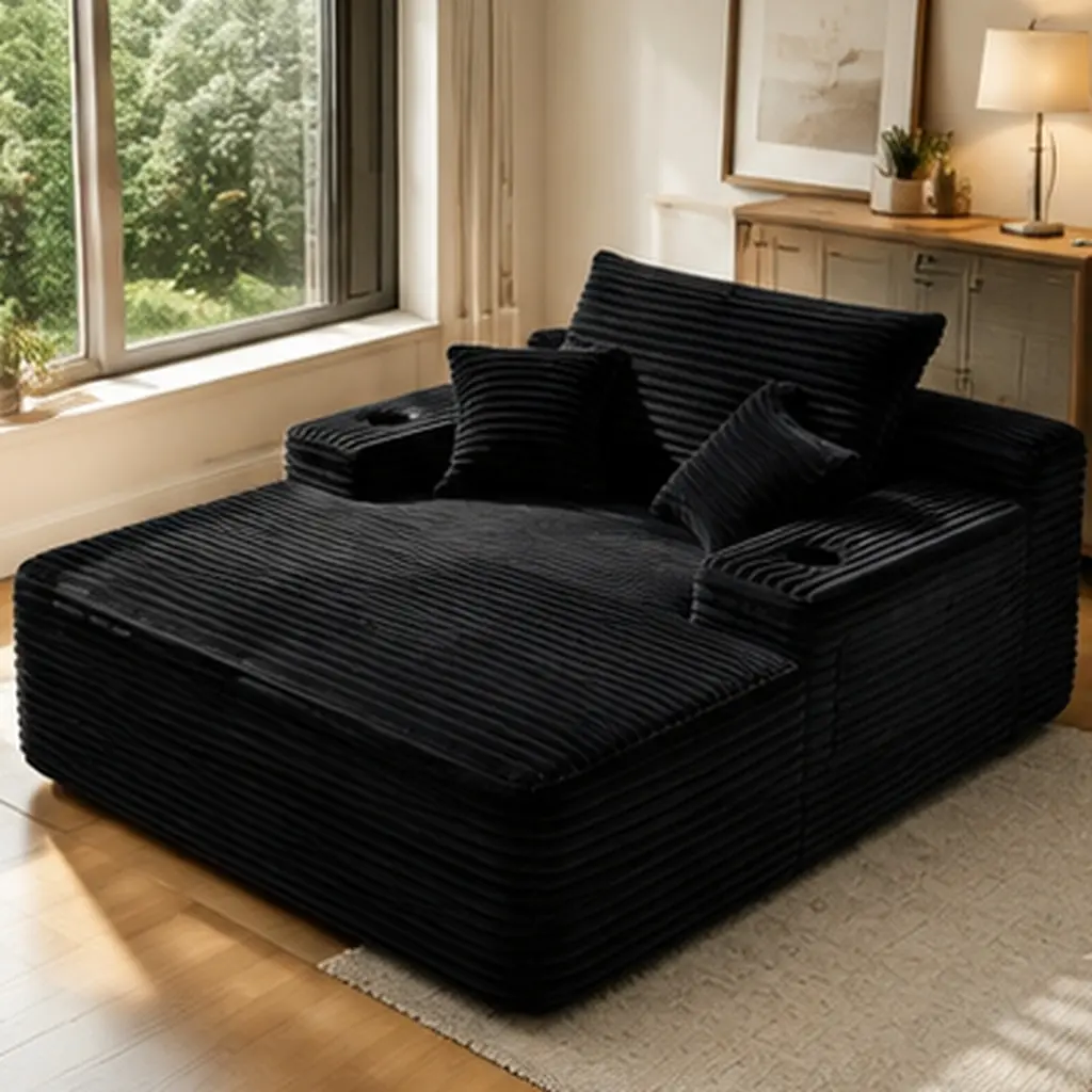 ARCH Convertible Chaise Lounge Chair Sofa Bed with Wide Armrest Throw Pillows Cup Holder Plush Corduroy Fabric Foam Spring Padding Oversized Boneless Sleeper Armchair No Assembly Required for Living Room Bedroom Black, Black Color Options