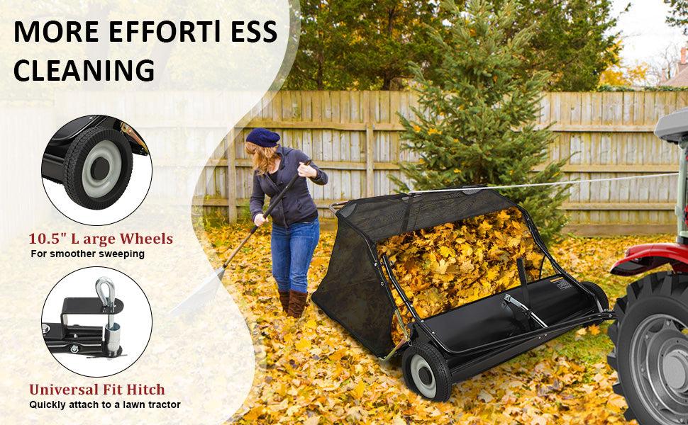 【GARVEE】Tow-Behind Lawn Sweeper with Large Capacity, Heavy-Duty Design, Adjustable Sweeping Height, and Convenient Dumping Rope for Efficient Leaf and Grass Collection