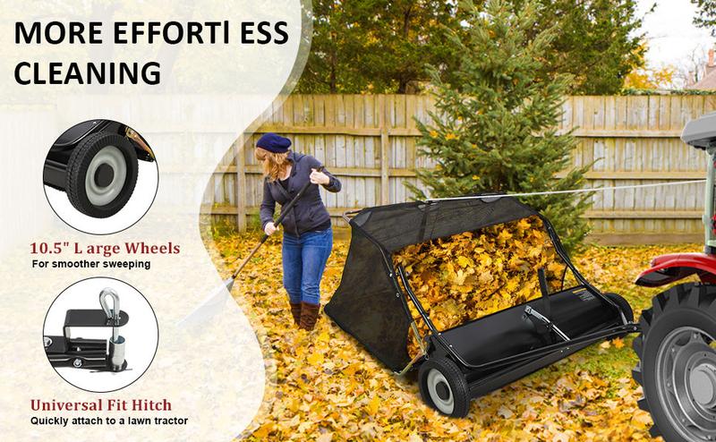 【GARVEE】Tow-Behind Lawn Sweeper with Large Capacity, Heavy-Duty Design, Adjustable Sweeping Height, and Convenient Dumping Rope for Efficient Leaf and Grass Collection