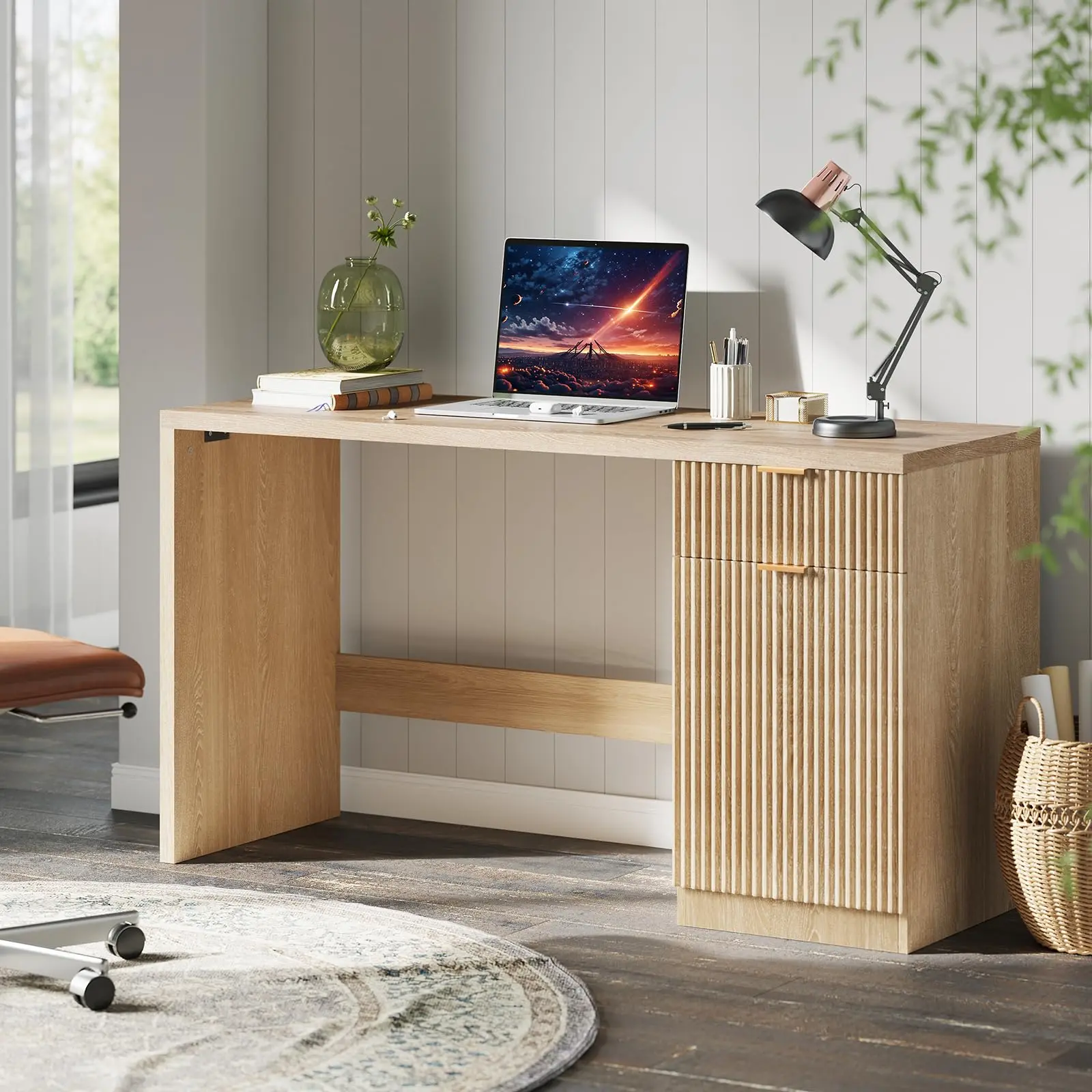 Garvee 60" Executive Desk with Storage, Modern Home Office Desk with Drawer & Cabinet, Wood Fluted Computer Desks Workstation Writing Conference Table for Study, Living Room, Bedroom, Natural Oak